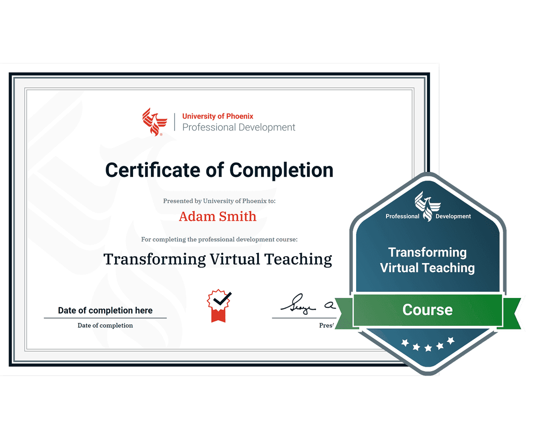 Sample certificate and badge for Transforming Virtual Teaching